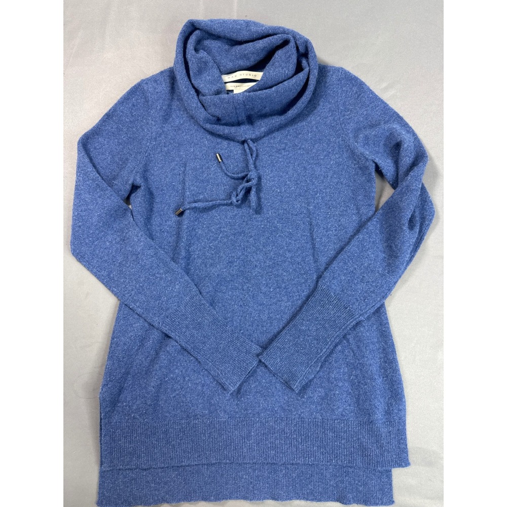 Max Studio Cashmere Sweater Womens XS Blue Cowl Neck Thumbhole Cuffs 2-Ply